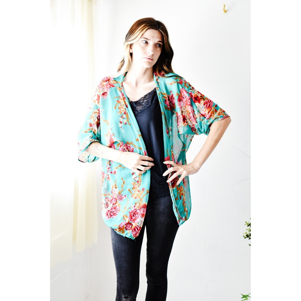 Kimono Cardigan Women One Size Teal Excellent Floral Boho Chiffon Wrap Sheer